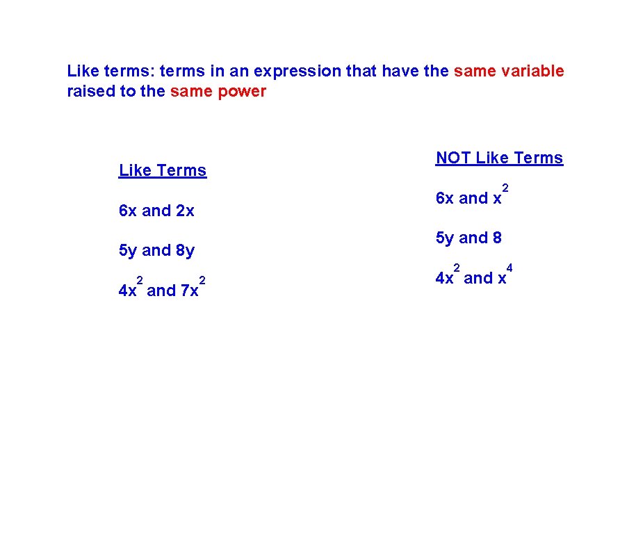 Like terms: terms in an expression that have the same variable raised to the