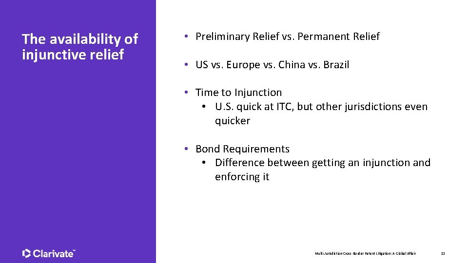 The availability of injunctive relief • Preliminary Relief vs. Permanent Relief • US vs.