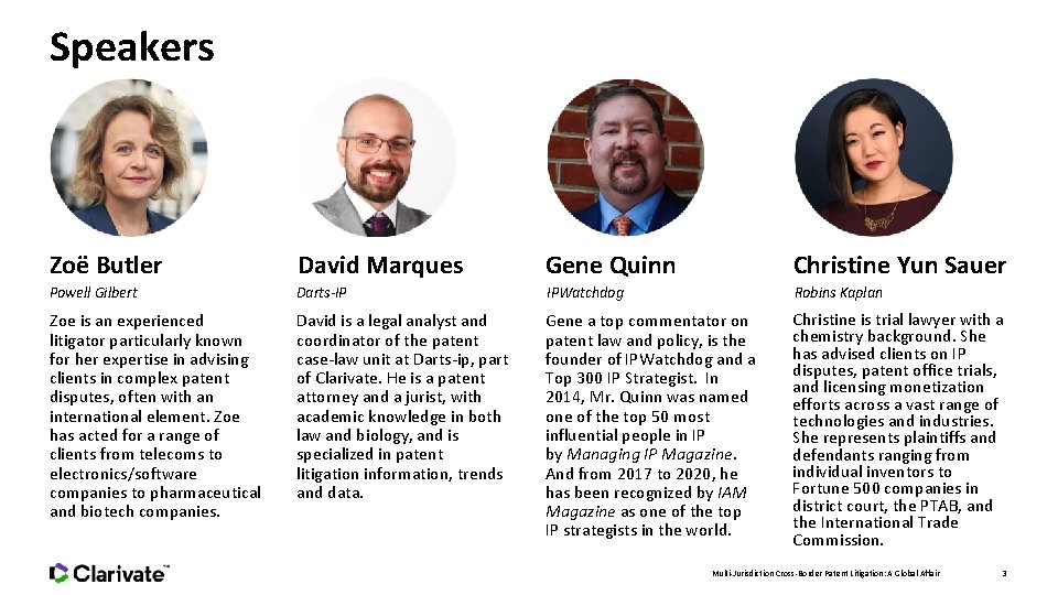 Speakers Zoë Butler David Marques Gene Quinn Christine Yun Sauer Powell Gilbert Darts-IP IPWatchdog