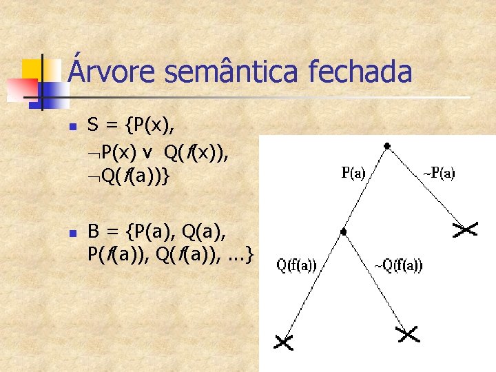 Árvore semântica fechada n n S = {P(x), P(x) v Q(f(x)), Q(f(a))} B =