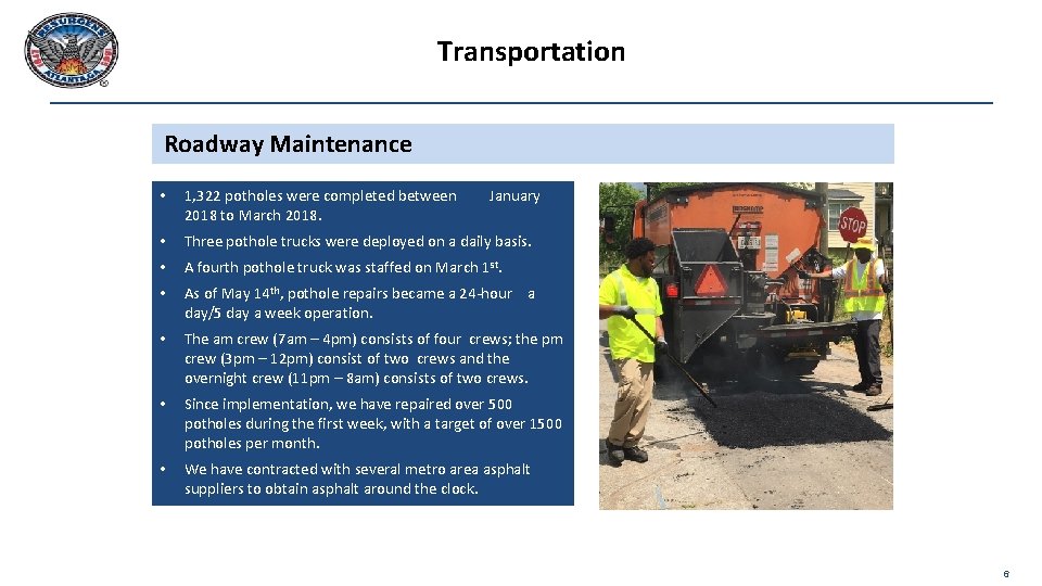 Transportation Roadway Maintenance • 1, 322 potholes were completed between 2018 to March 2018.