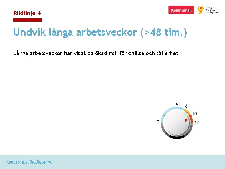 Riktlinje 4 Undvik långa arbetsveckor (>48 tim. ) Långa arbetsveckor har visat på ökad