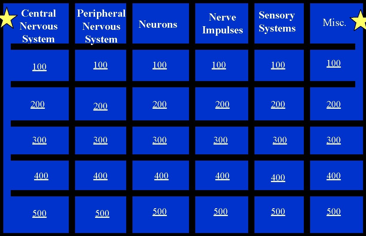 Central Nervous System Peripheral Nervous System Neurons 100 100 200 200 300 400 500