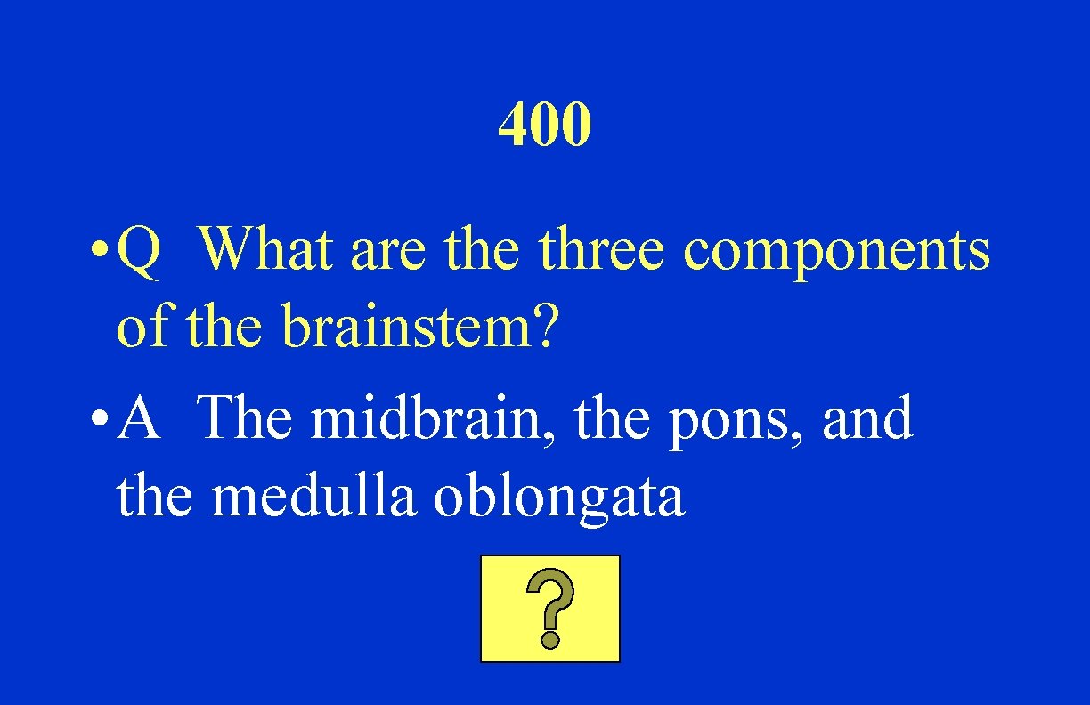 400 • Q What are three components of the brainstem? • A The midbrain,