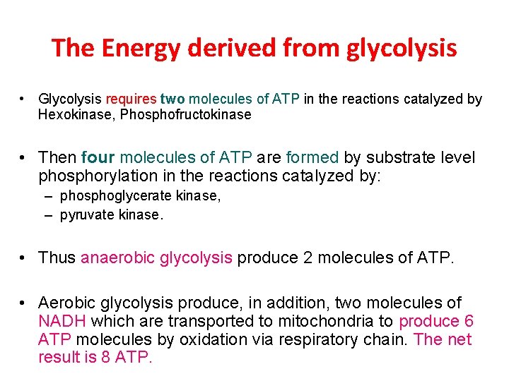 The Energy derived from glycolysis • Glycolysis requires two molecules of ATP in the