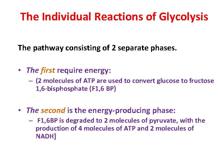 The Individual Reactions of Glycolysis The pathway consisting of 2 separate phases. • The
