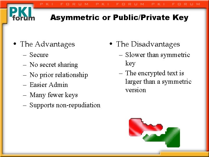 Asymmetric or Public/Private Key • The Advantages – – – Secure No secret sharing