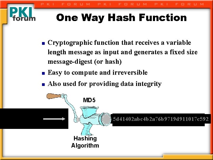 One Way Hash Function n Cryptographic function that receives a variable length message as