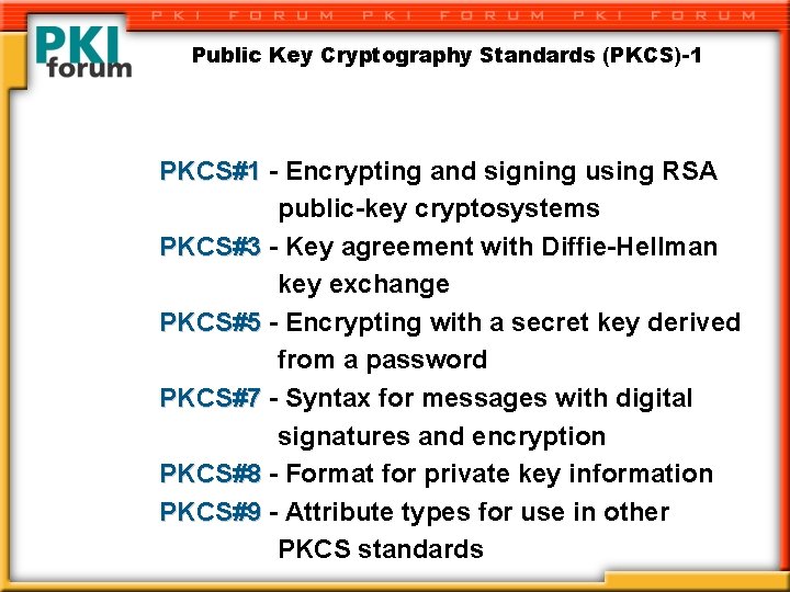 Public Key Cryptography Standards (PKCS)-1 PKCS#1 - Encrypting and signing using RSA public-key cryptosystems