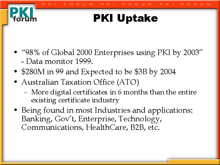 PKI Uptake • “ 98% of Global 2000 Enterprises using PKI by 2003” -