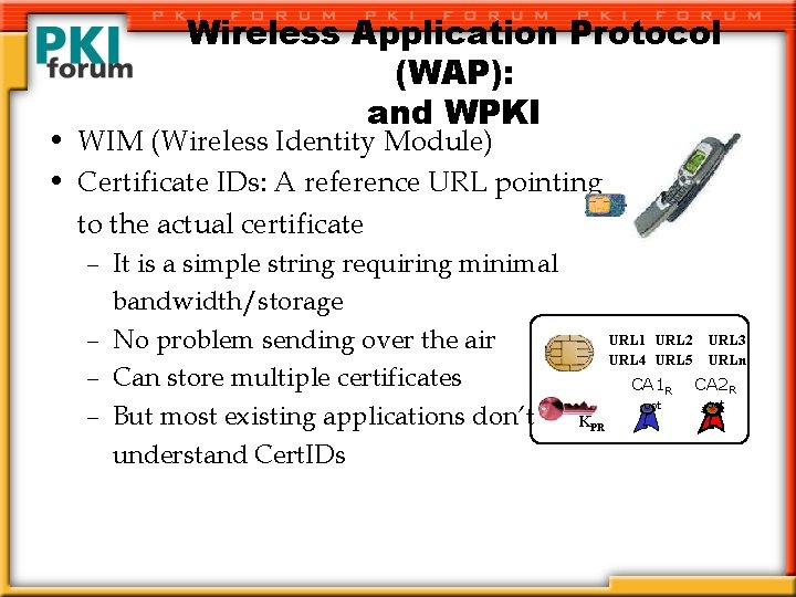 Wireless Application Protocol (WAP): and WPKI • WIM (Wireless Identity Module) • Certificate IDs: