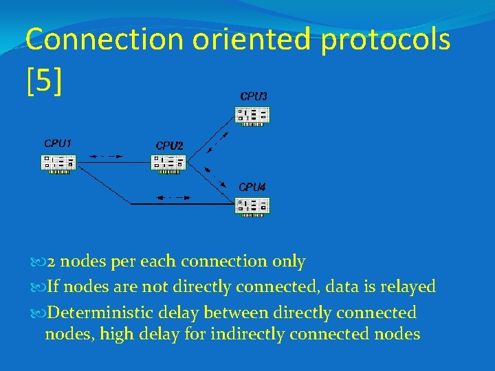Connection oriented protocols [5] 2 nodes per each connection only If nodes are not