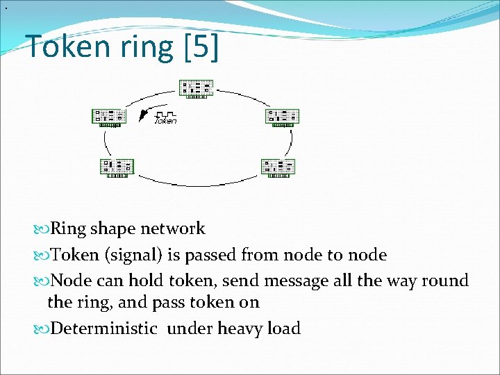. Token ring [5] Ring shape network Token (signal) is passed from node to