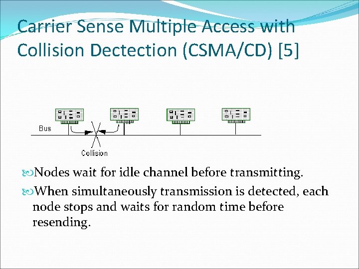 Carrier Sense Multiple Access with Collision Dectection (CSMA/CD) [5] Nodes wait for idle channel