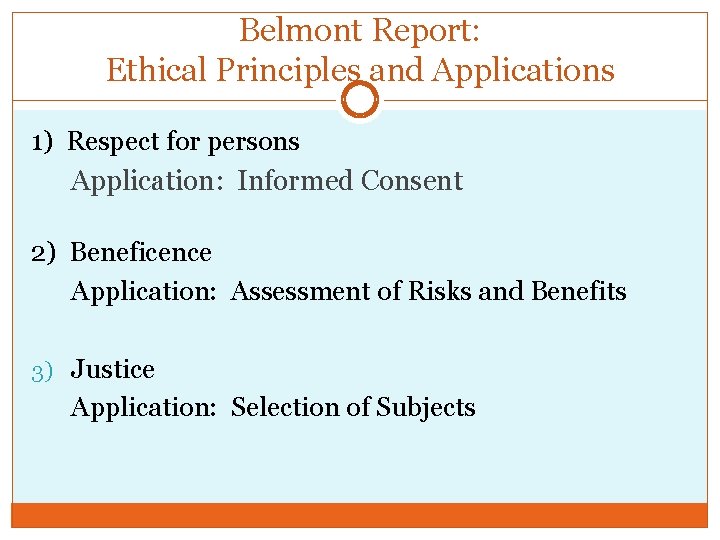 Belmont Report: Ethical Principles and Applications 1) Respect for persons Application: Informed Consent 2)