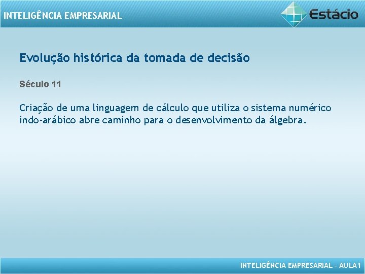 INTELIGÊNCIA EMPRESARIAL Evolução histórica da tomada de decisão Século 11 Criação de uma linguagem