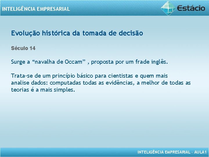 INTELIGÊNCIA EMPRESARIAL Evolução histórica da tomada de decisão Século 14 Surge a “navalha de