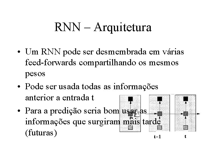 RNN – Arquitetura • Um RNN pode ser desmembrada em várias feed-forwards compartilhando os