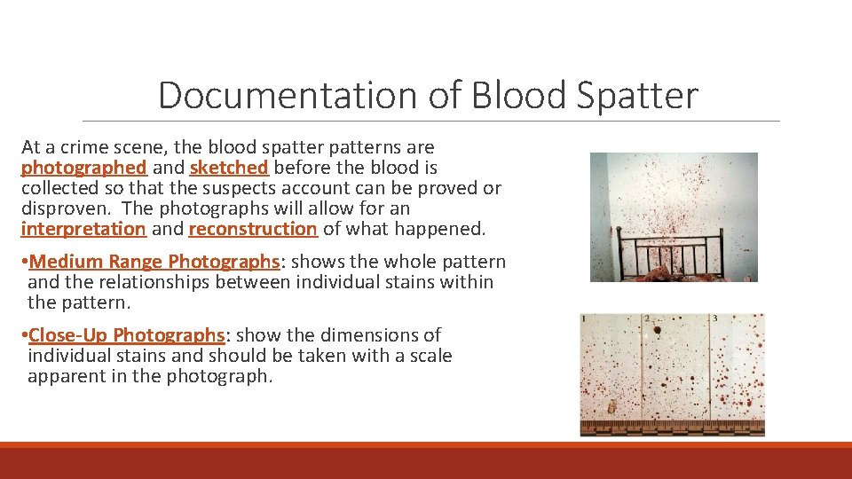 Documentation of Blood Spatter At a crime scene, the blood spatterns are photographed and
