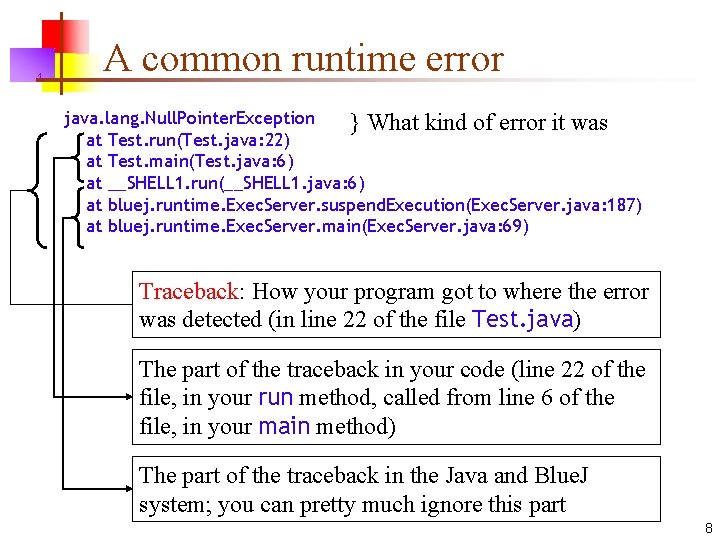 1. A common runtime error java. lang. Null. Pointer. Exception } What kind of