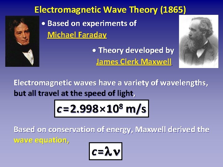 Electromagnetic Wave Theory (1865) · Based on experiments of Michael Faraday · Theory developed