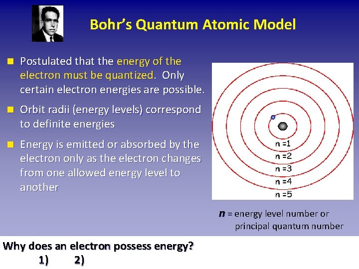 Bohr’s Quantum Atomic Model n Postulated that the energy of the electron must be