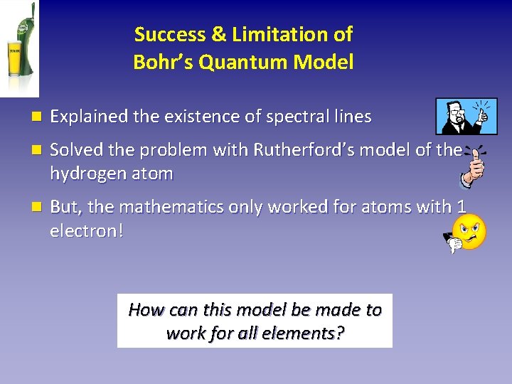 Success & Limitation of Bohr’s Quantum Model n Explained the existence of spectral lines