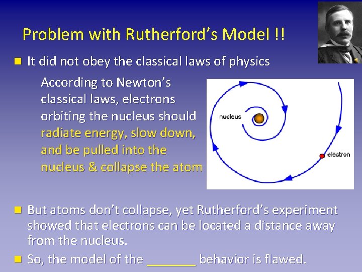 Problem with Rutherford’s Model !! n It did not obey the classical laws of