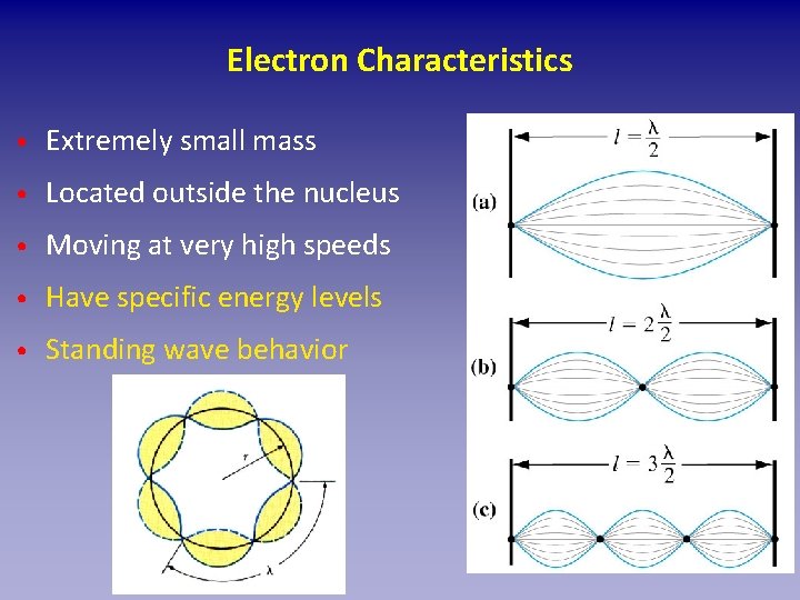 Electron Characteristics • Extremely small mass • Located outside the nucleus • Moving at
