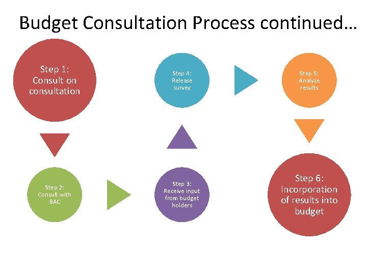 Budget Consultation Process continued… Step 1: Consult on consultation Step 4: Release survey Step