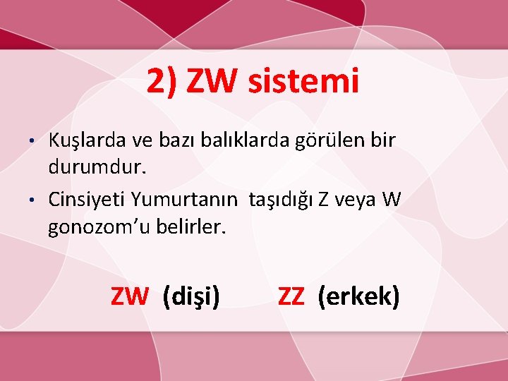 2) ZW sistemi Kuşlarda ve bazı balıklarda görülen bir durumdur. • Cinsiyeti Yumurtanın taşıdığı