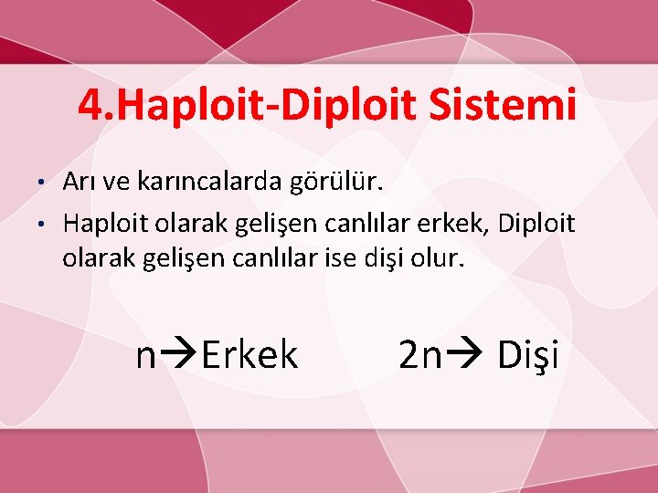 4. Haploit-Diploit Sistemi Arı ve karıncalarda görülür. • Haploit olarak gelişen canlılar erkek, Diploit