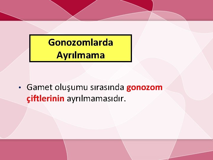 Gonozomlarda Ayrılmama • Gamet oluşumu sırasında gonozom çiftlerinin ayrılmamasıdır. 