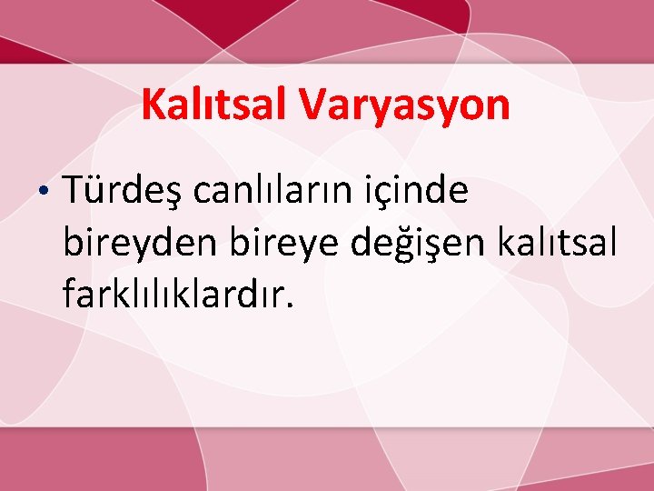 Kalıtsal Varyasyon • Türdeş canlıların içinde bireyden bireye değişen kalıtsal farklılıklardır. 