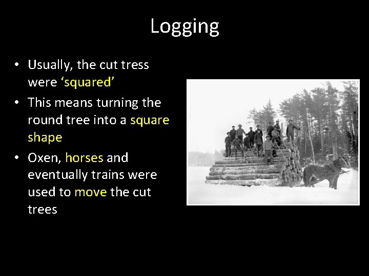 Logging • Usually, the cut tress were ‘squared’ • This means turning the round