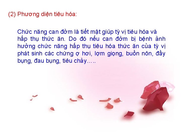 (2) Phương diện tiêu hóa: Chức năng can đởm là tiết mật giúp tỳ
