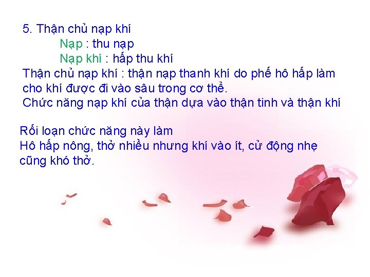 5. Thận chủ nạp khí Nạp : thu nạp Nạp khí : hấp thu