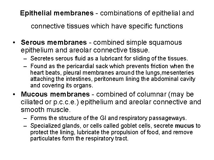 Epithelial membranes - combinations of epithelial and connective tissues which have specific functions • Epithelial membranes - combinations of epithelial and connective tissues which have specific functions •