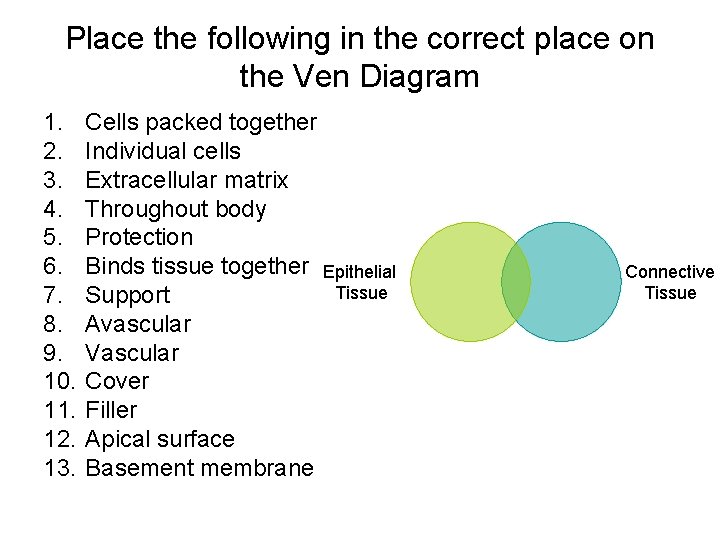 Place the following in the correct place on the Ven Diagram 1. 2. 3.