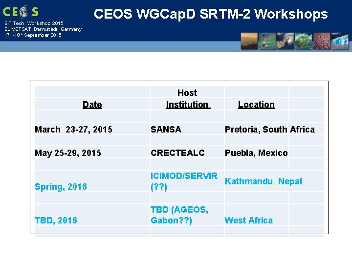 CEOS WGCap. D SRTM-2 Workshops SIT Tech. Workshop 2015 EUMETSAT, Darmstadt, Germany 17 th-18