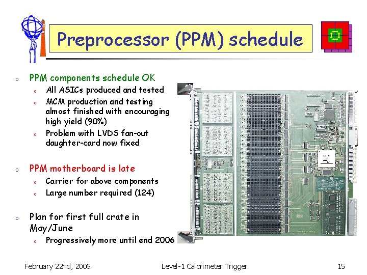 Preprocessor (PPM) schedule o PPM components schedule OK o o PPM motherboard is late