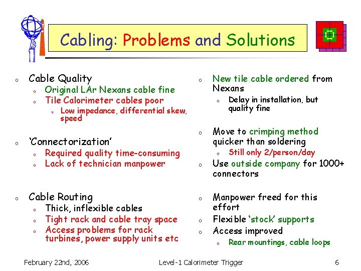 Cabling: Problems and Solutions o Cable Quality o o Original LAr Nexans cable fine