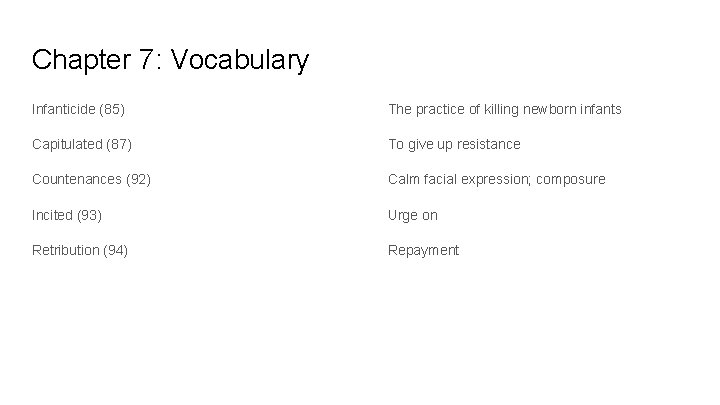 Chapter 7: Vocabulary Infanticide (85) The practice of killing newborn infants Capitulated (87) To