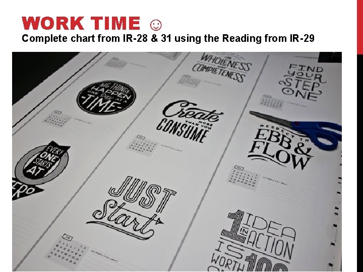 WORK TIME ☺ Complete chart from IR-28 & 31 using the Reading from IR-29