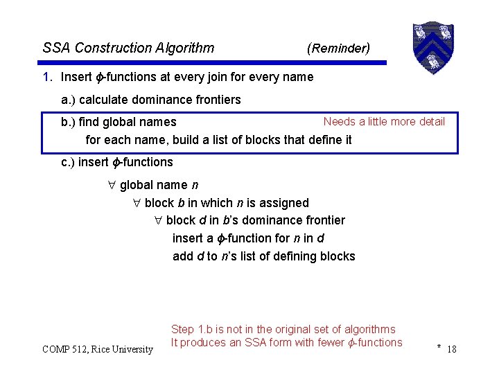 SSA Construction Algorithm ( Reminder) 1. Insert ϕ-functions at every join for every name