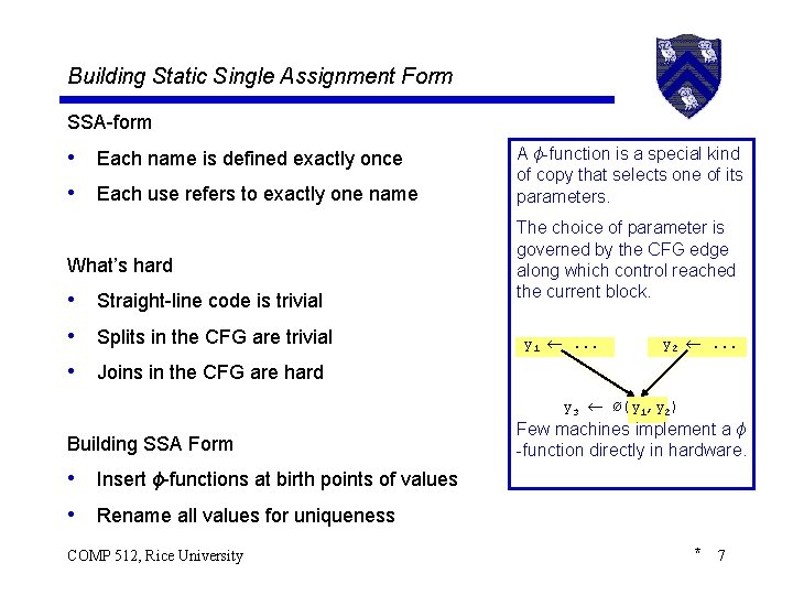 Building Static Single Assignment Form SSA-form • Each name is defined exactly once •