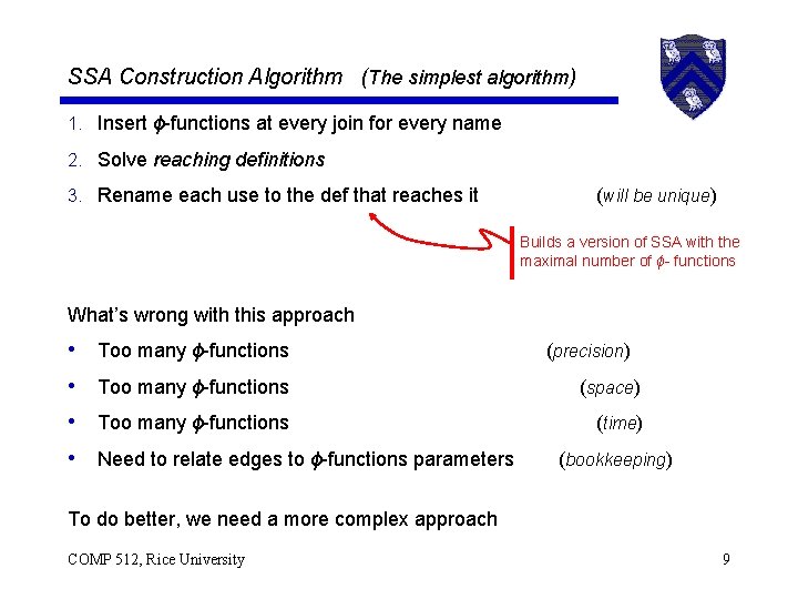 SSA Construction Algorithm (The simplest algorithm) 1. Insert ϕ-functions at every join for every