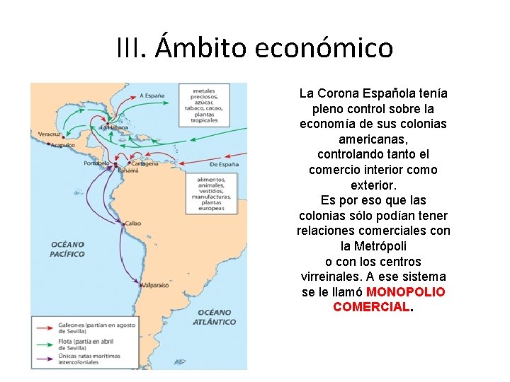 III. Ámbito económico La Corona Española tenía pleno control sobre la economía de sus