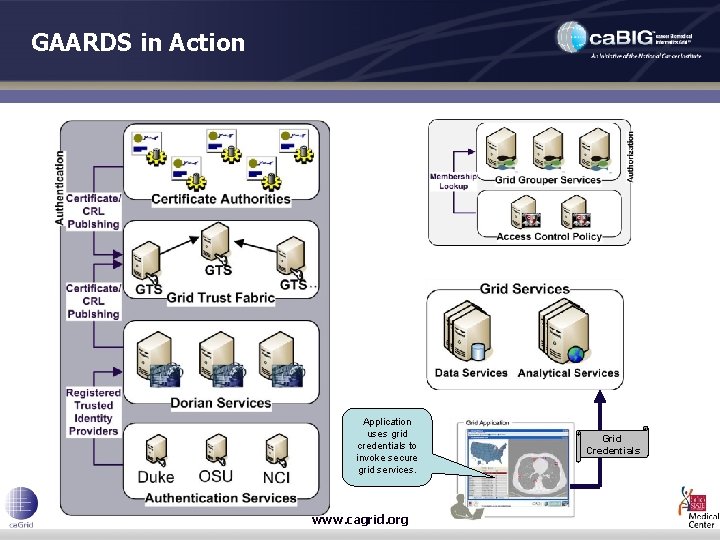 GAARDS in Action Application uses grid credentials to invoke secure grid services. www. cagrid.