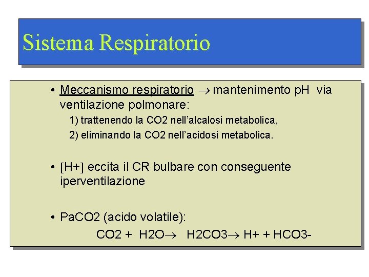 Sistema Respiratorio • Meccanismo respiratorio mantenimento p. H via ventilazione polmonare: 1) trattenendo la
